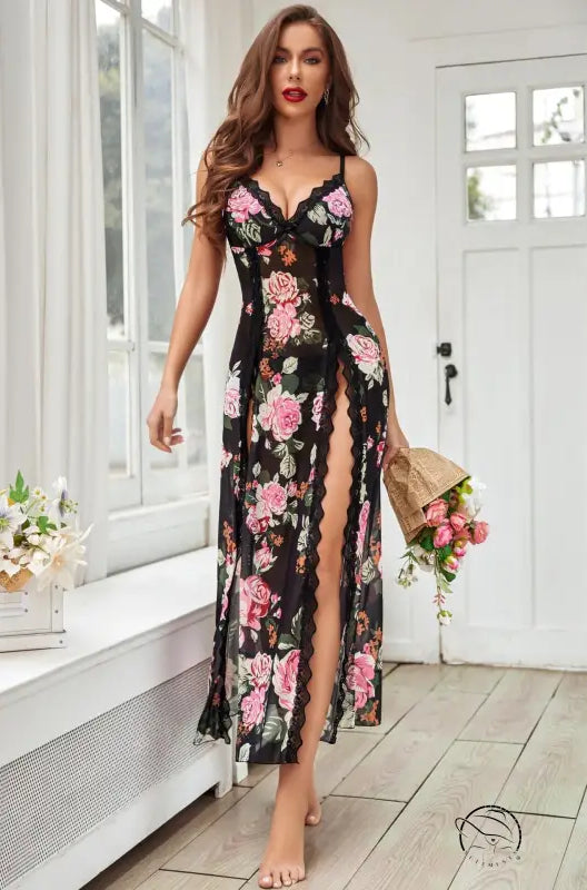 Sleepwear Seduction Patchwork Slit Maxi Dress with Thong