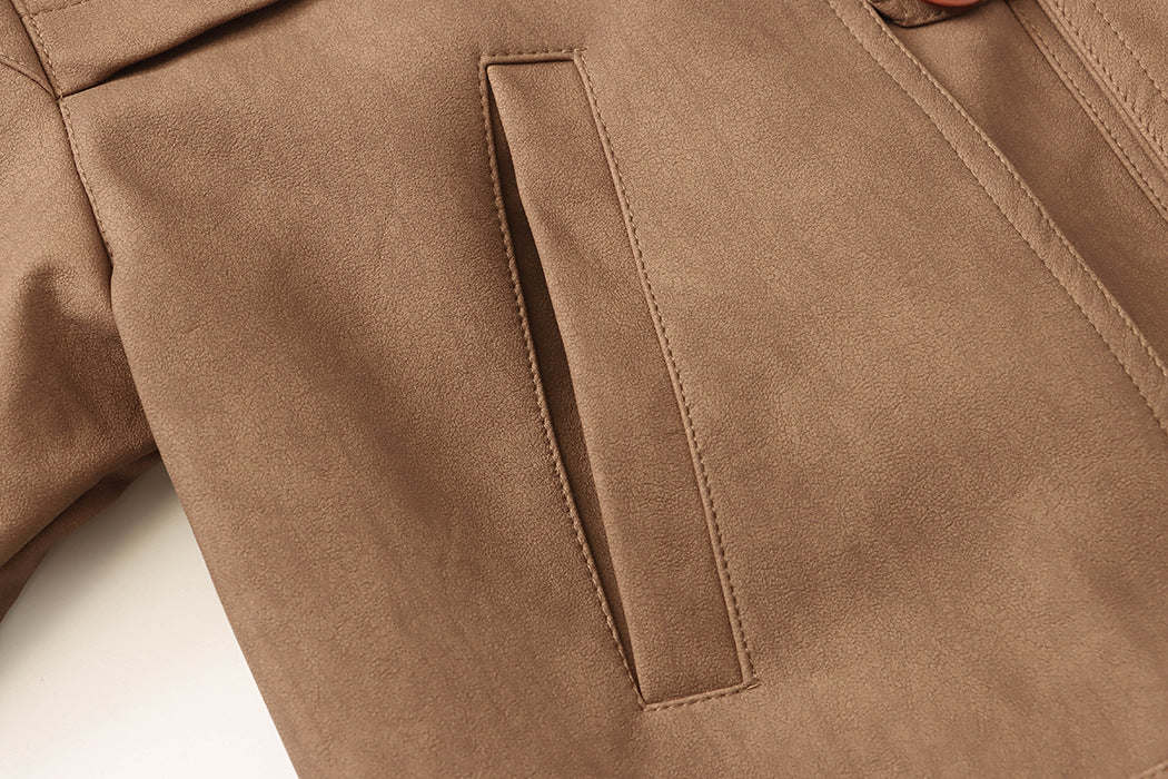 Brown jacket pocket on High Quality Casual Leather Coat showcasing stylish fashion and ملابس
