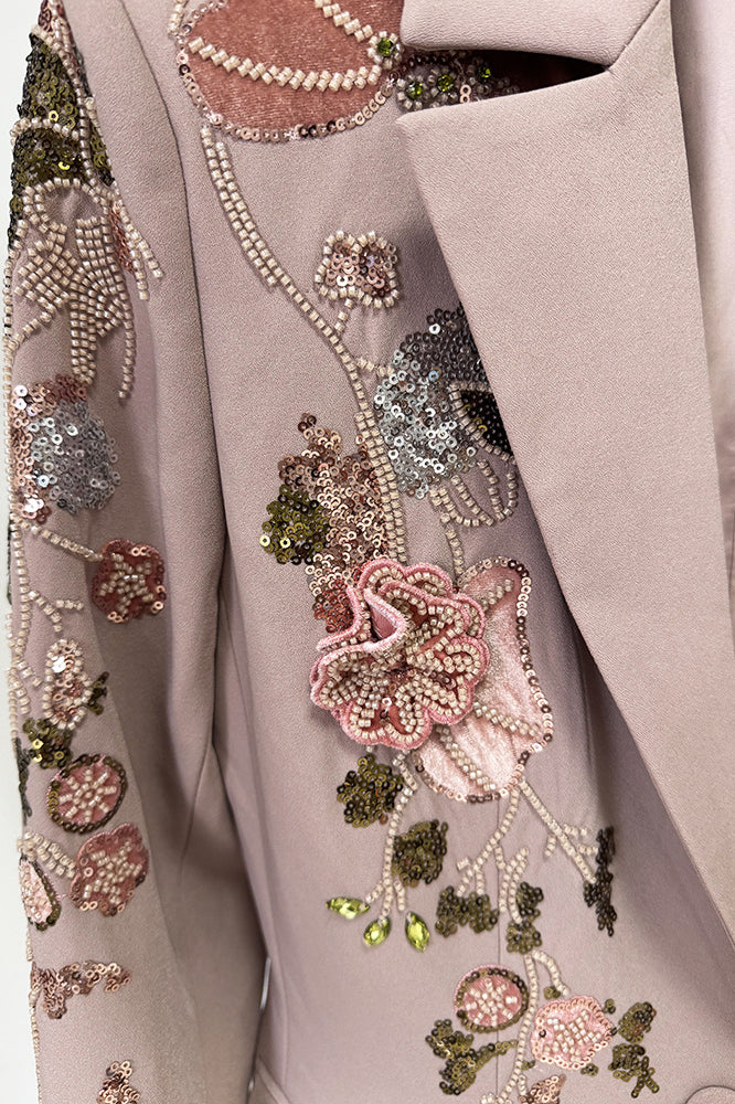 Langry elegant floral lavender jacket with pearls, fashion outfit