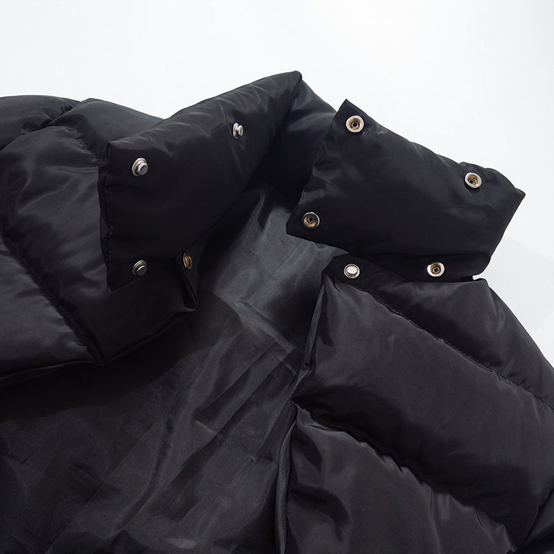 Black puffer jacket with snap closures, slim fit winter half turtleneck coat