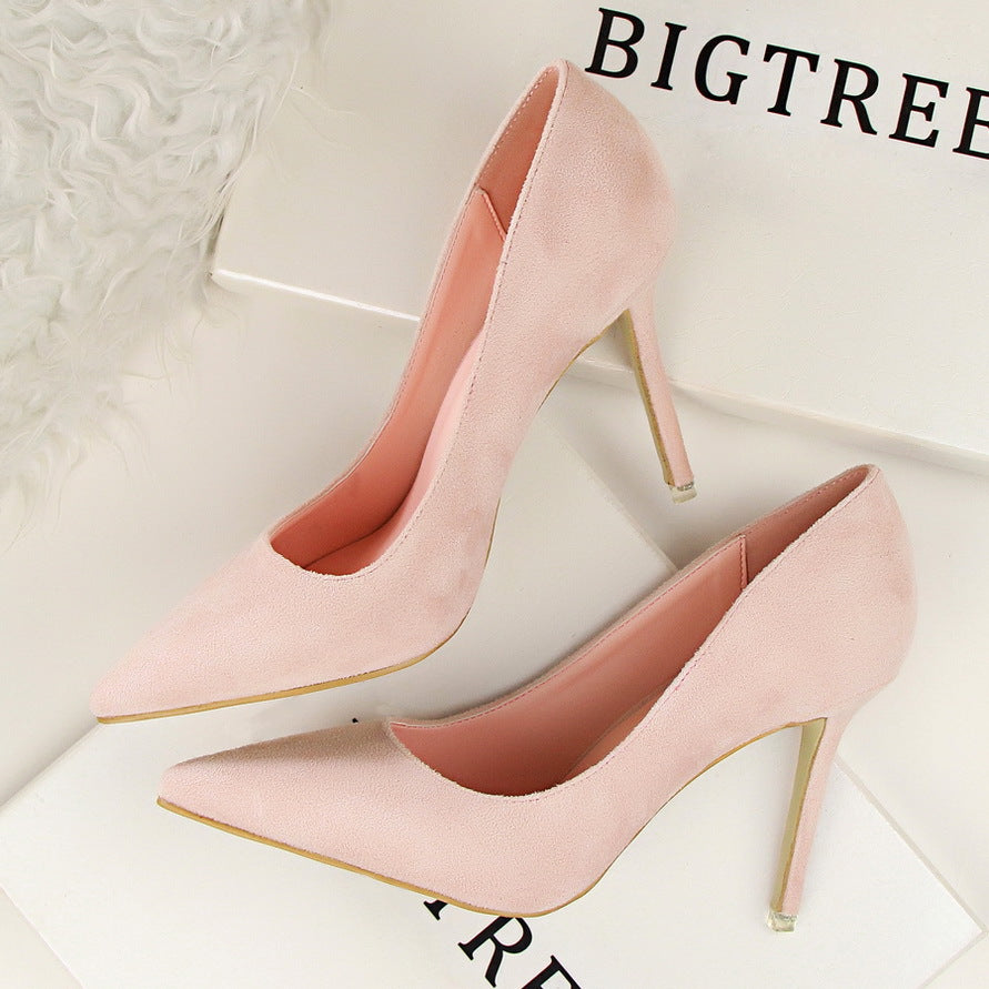Pink Langry stiletto high-heel pumps with gold accents and pointed toes for fashion office wear
