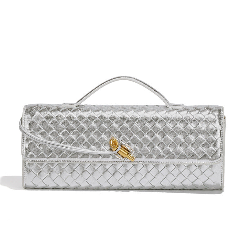 Silver woven leather clutch with gold clasp from Langry fashion collection ملابس