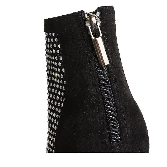 Langry fashion black suede ankle stiletto boot with rhinestones