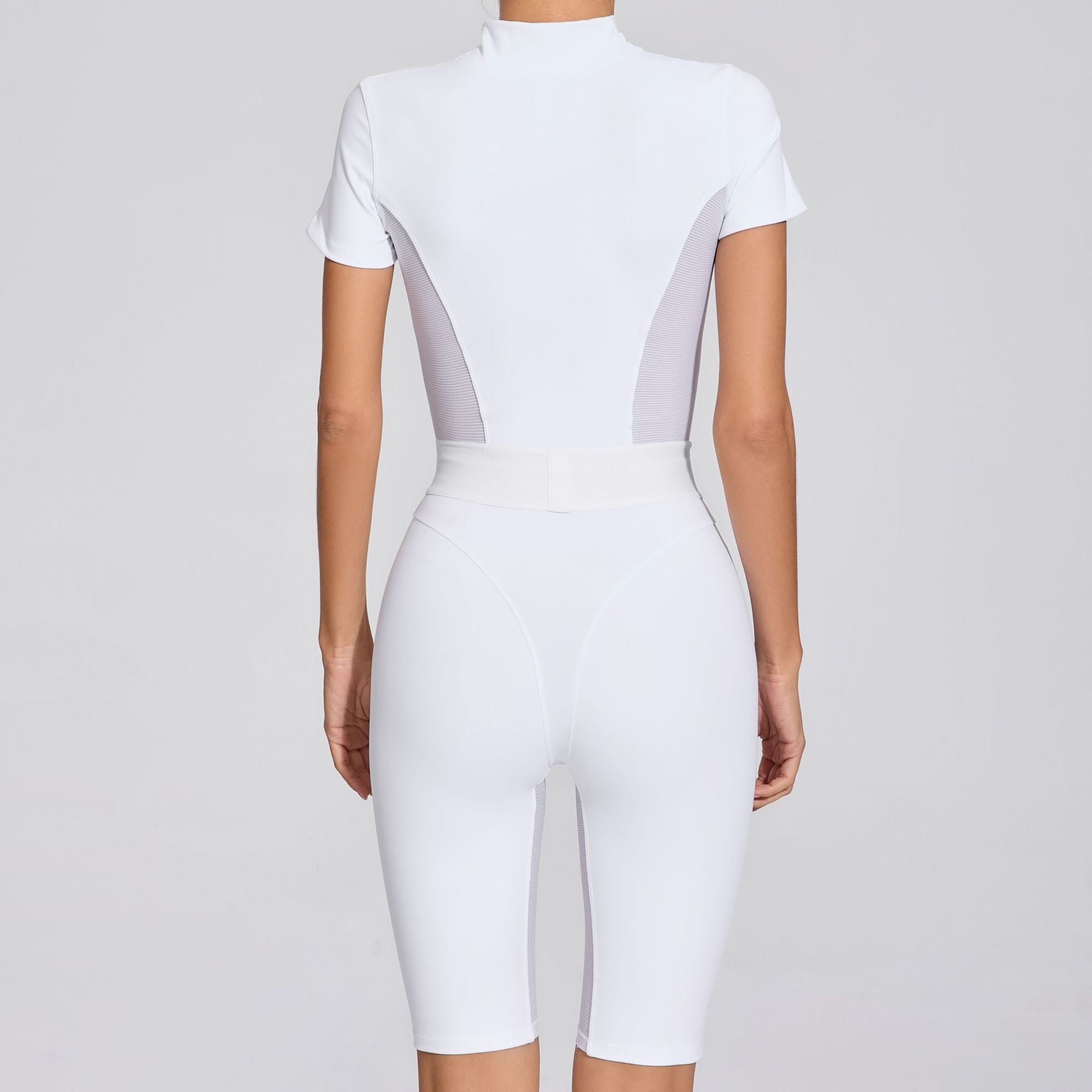 Tight Waist Open Collar Zipper Short Sleeve Yoga Jumpsuit Women Patchwork Fitness Sports