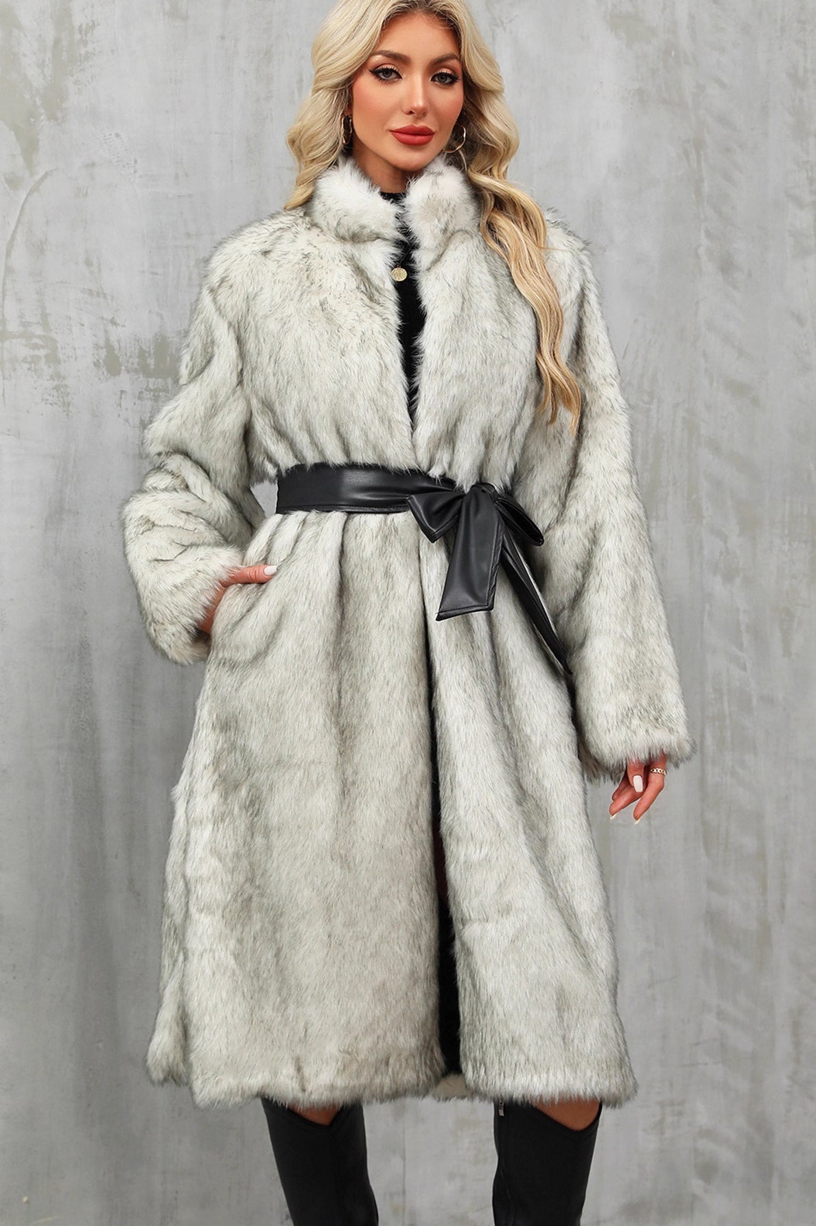 Long faux fur overknee thickened coat in light gray with high collar and black leather belt