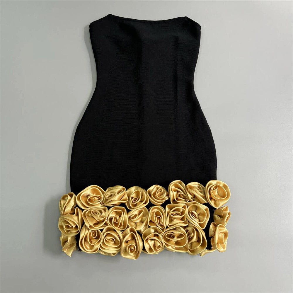 Black strapless Golden Floral Short Evening Dress with gold roses at the hem for elegant fashion