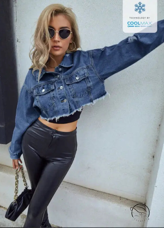 Women’s dark blue cropped matching denim short coat with distressed details