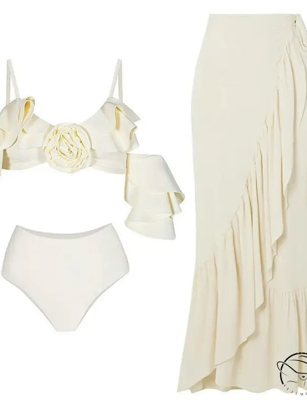 Elegant retro swimsuit in ivory ruffled style with skirt