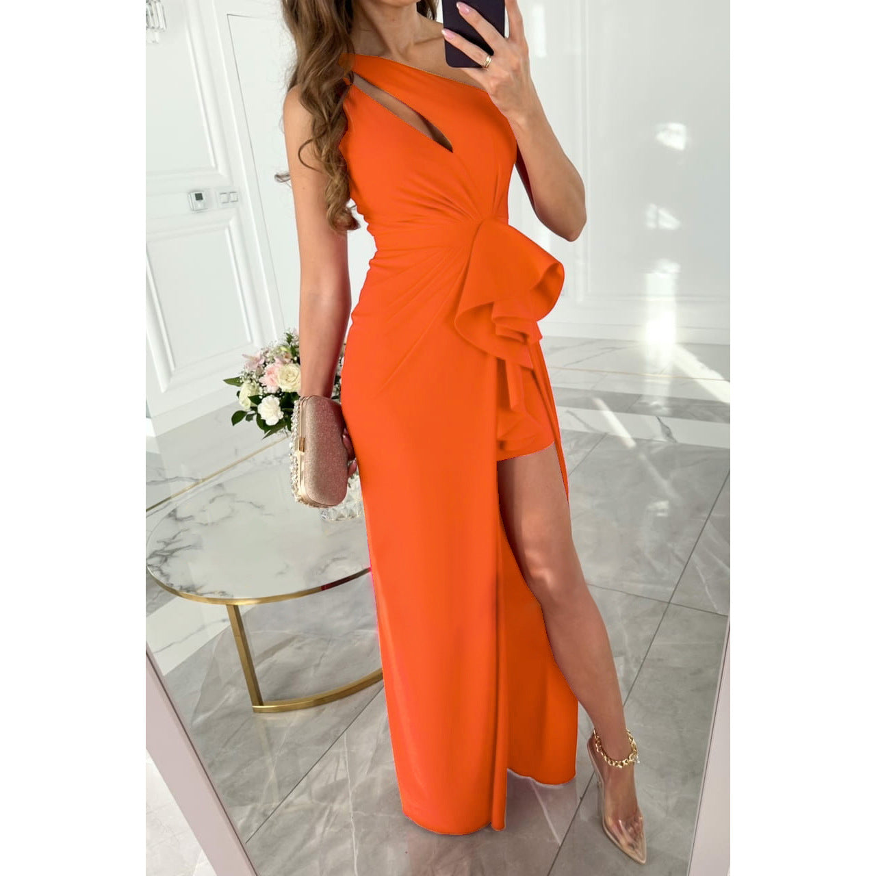 Orange one-shoulder ruffle detail multi color dress from BEAUTIFUL MULTI COLOR DRESS collection