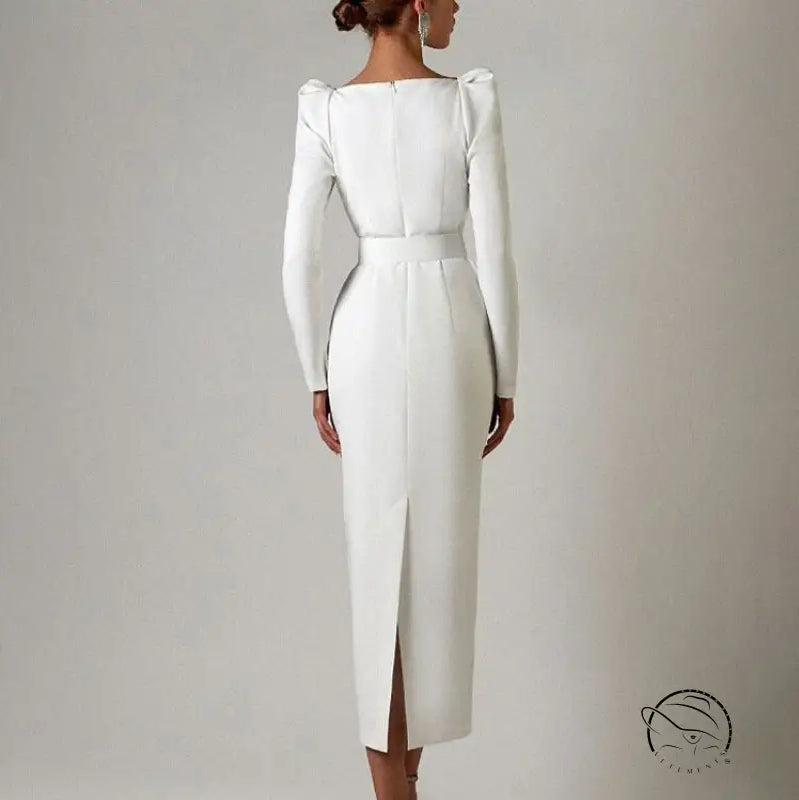 Elegant white long-sleeved langry fashion dress with belt and back slit