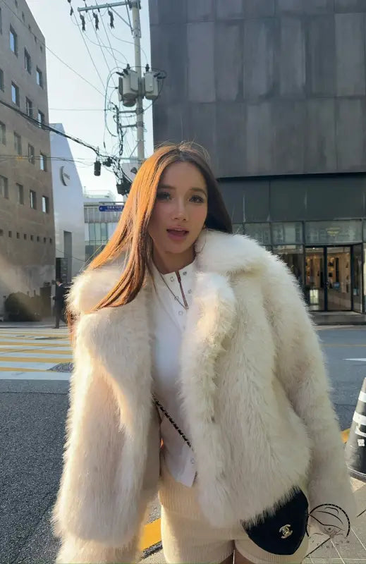 Short loose casual faux fur coat in cream with white trim and Chanel bag