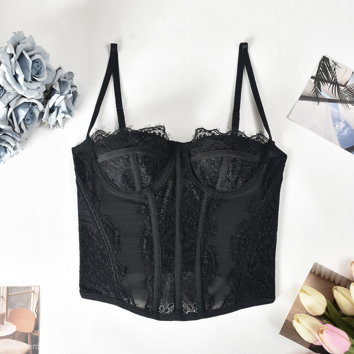 Black lace bustier top from COMFY BODY SHAPING OUTERWEAR, sexy body shaping outerwear