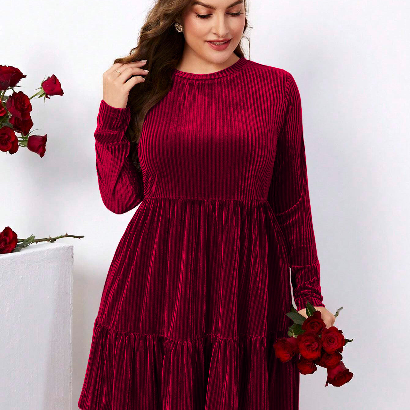 Burgundy velvet tiered dress from Elegant Winter High Waist A Line Dress collection fashion