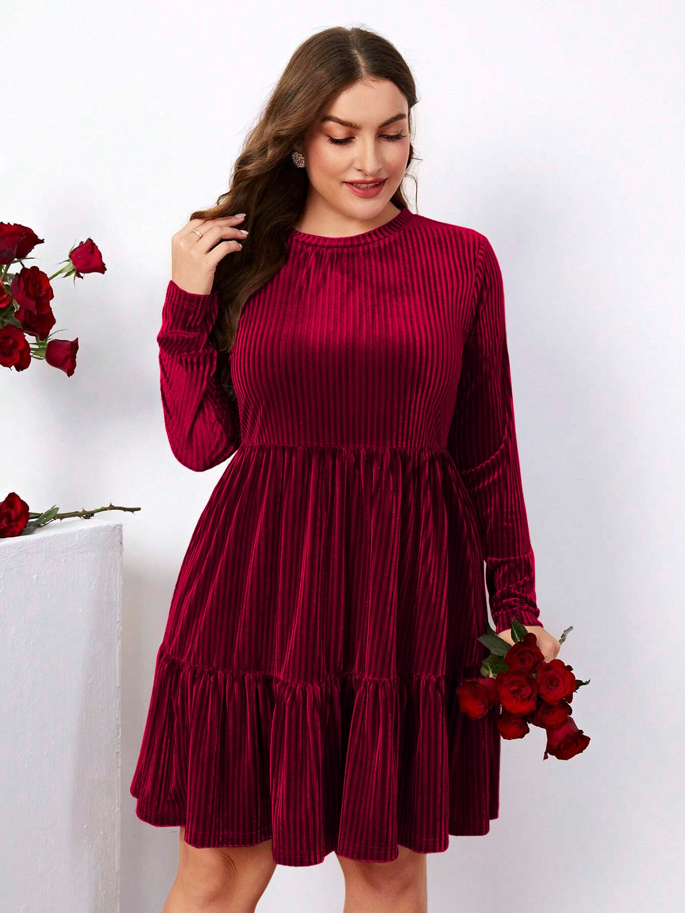Burgundy velvet tiered dress from Elegant Winter High Waist A Line Dress collection fashion