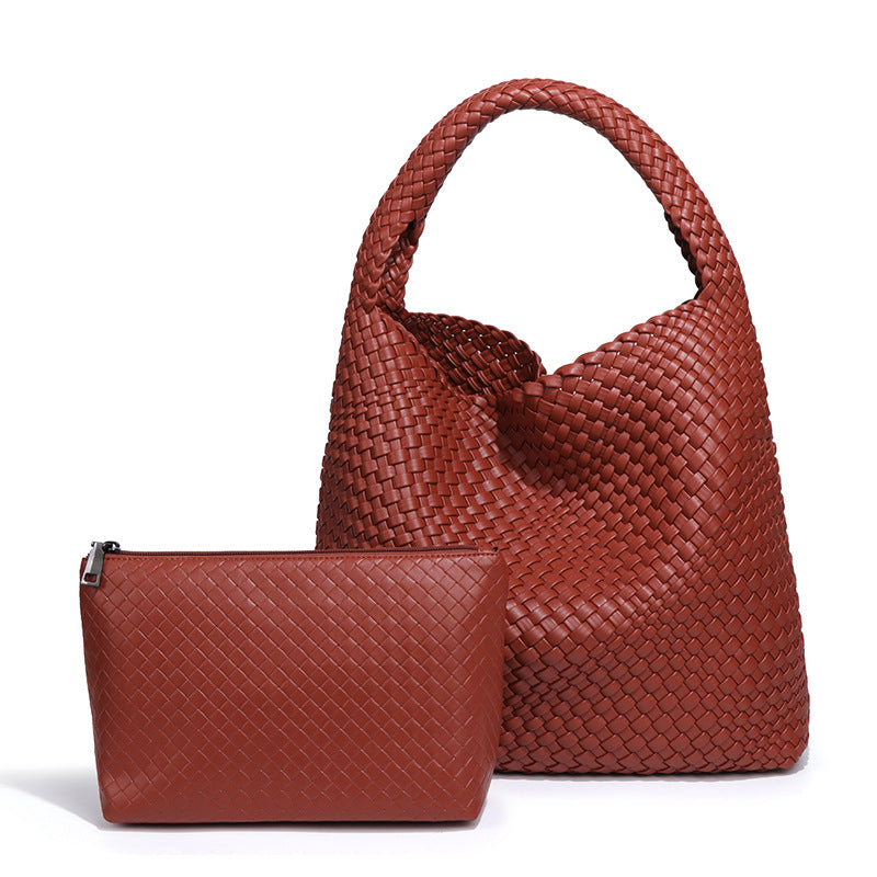 Handmade Woven Bag featuring a reddish-brown leather design and matching pouch for fashion