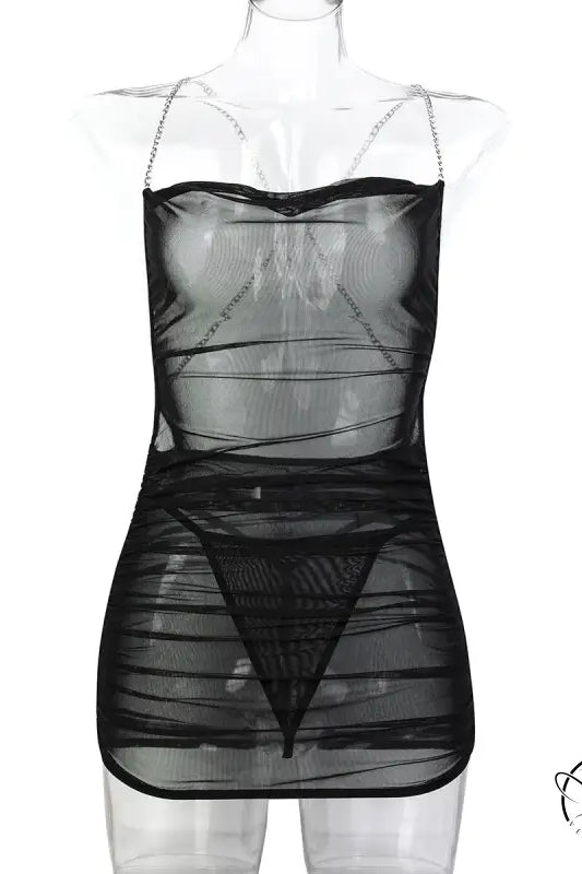 Sheer black mesh one piece soft stretch nightdress with striping and straps