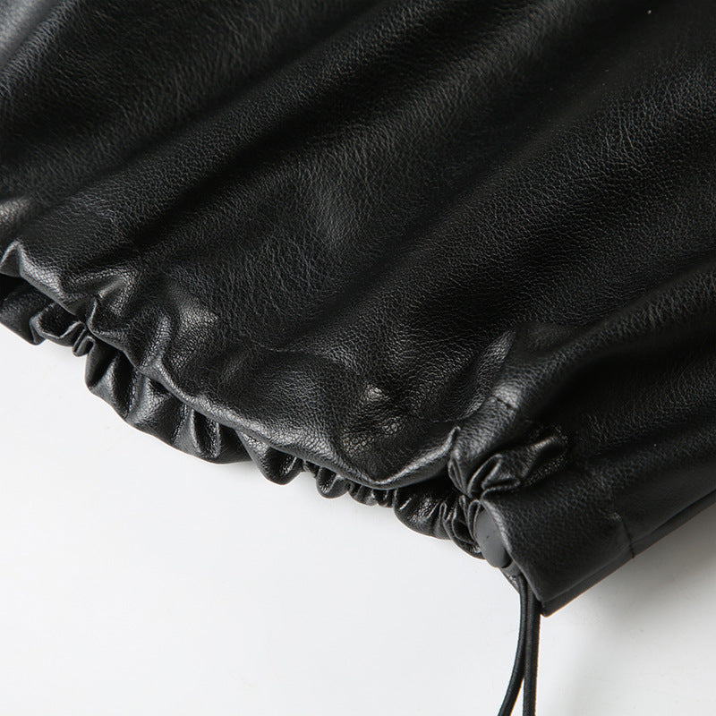Black faux leather drawstring garment featured in Loose Zipper Leather Jacket