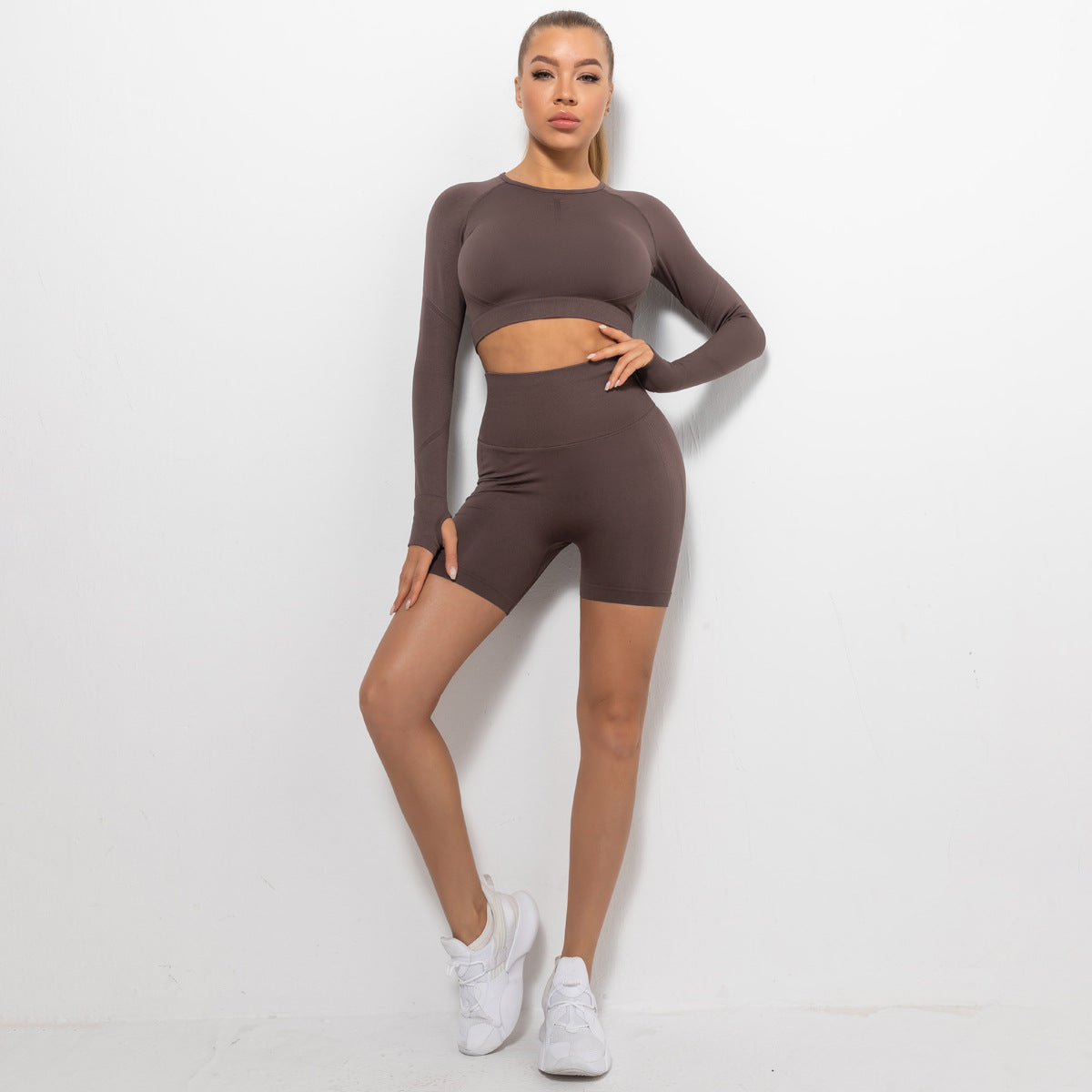 Seamless Pleated Peach Hip Long Sleeve Yoga Suit