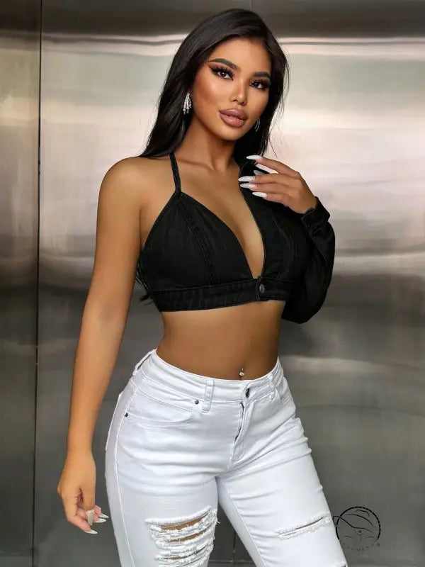 Popular Strap Matching Long Sleeve Denim Top