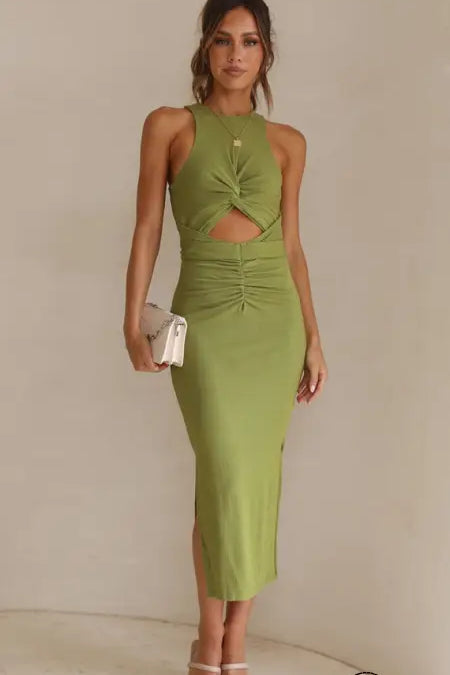 Stunning slim fit green slit midi dress in langry fashion ملابس