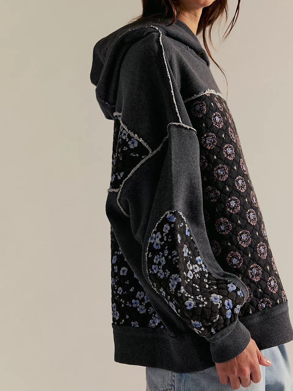 Langry fashion black and gray bandana print hoodie with distressed details