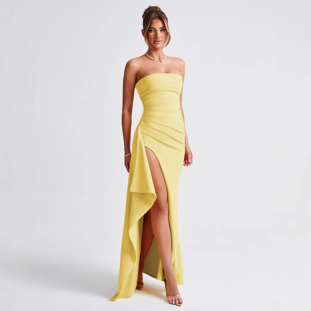Elegant yellow strapless gown with thigh-high slit, perfect for fashionable occasions