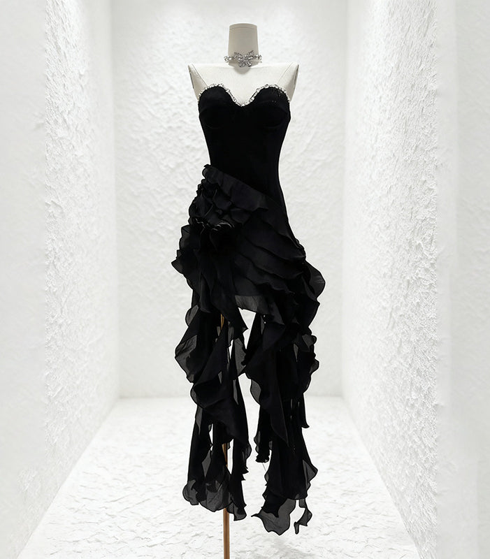 Langry enchanting red ruffled short evening dress with black strapless fitted bodice and cascading ruffles in fashion ملابس