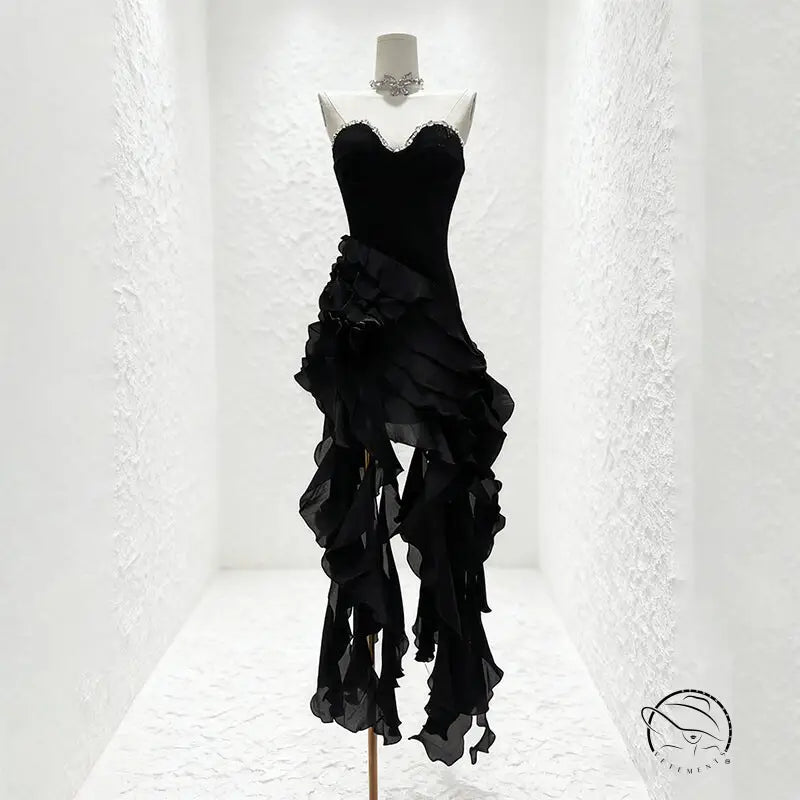 Langry fashion black strapless gown with red ruffles and fitted bodice