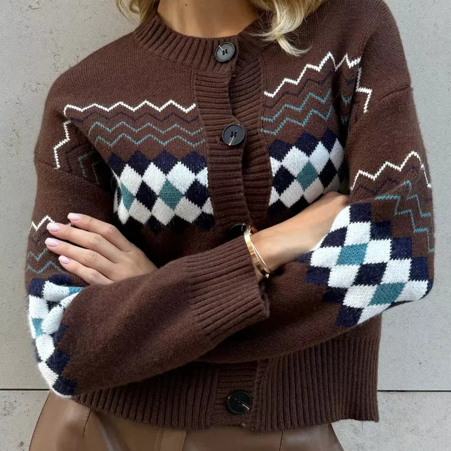 Brown argyle cardigan with regular sleeves from Langry Fashion in jacquard knit design