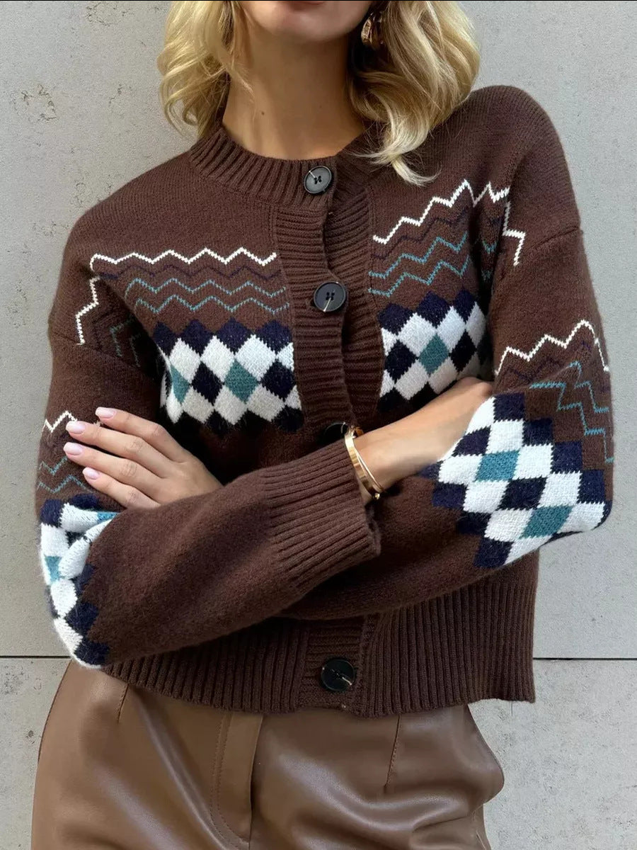 Brown argyle cardigan with regular sleeves from Langry Fashion in jacquard knit design