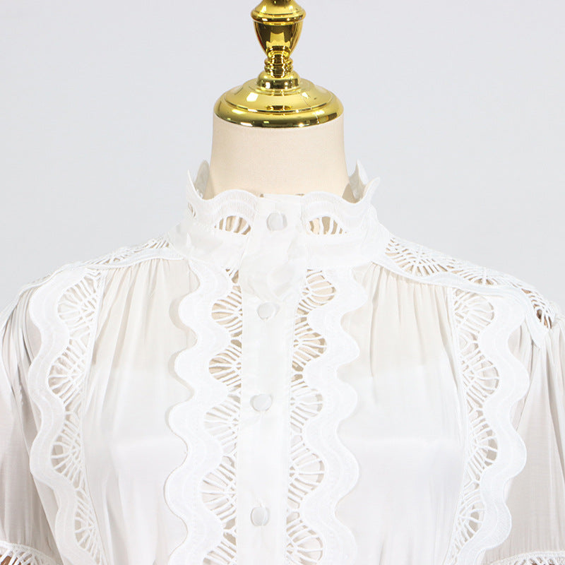 Elegant French Vintage Dress with white lace-trimmed blouse, showcasing timeless fashion