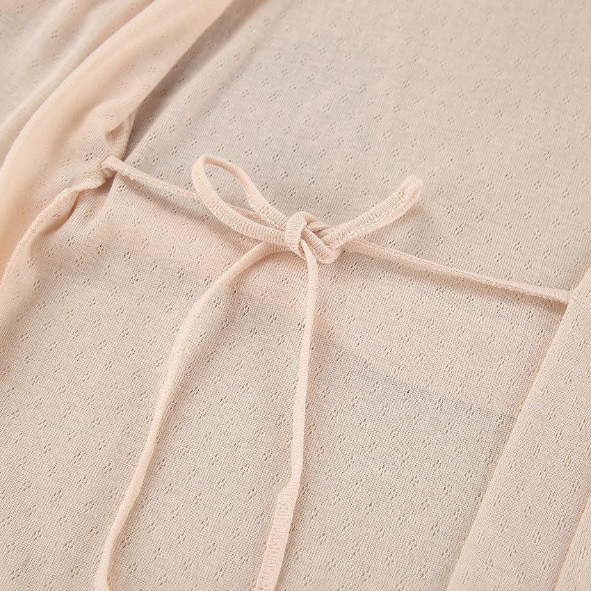 Delicate beige lace Langry fashion nightgown with dotted pattern and bow neckline