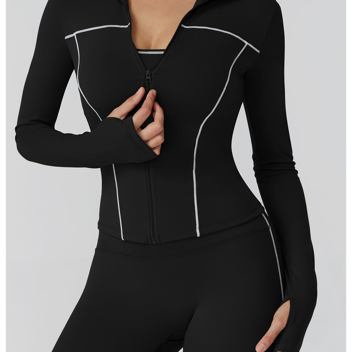 Langry warm zipper windproof slim black athletic jacket with white piping