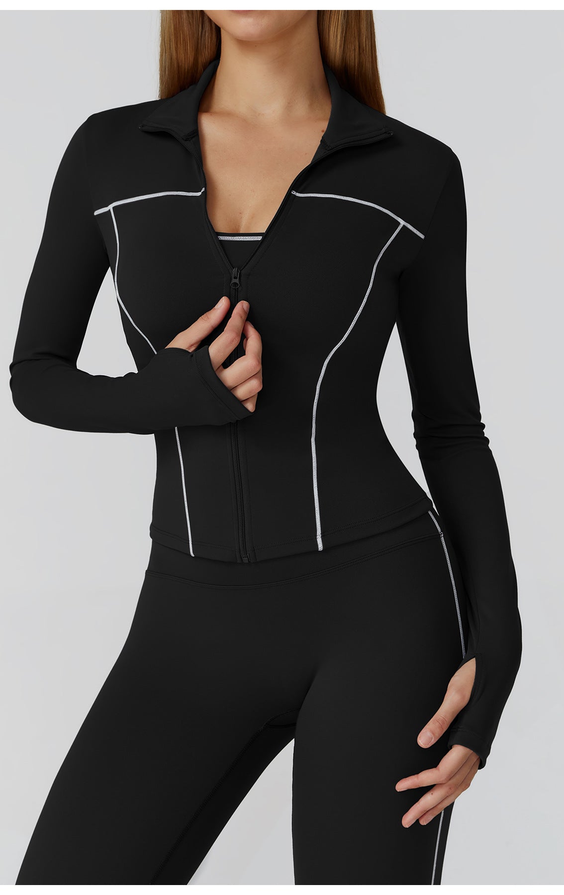 Langry warm zipper windproof slim black athletic jacket with white piping