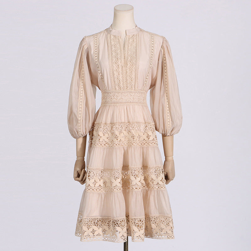 Elegant beige lace puff sleeve short dress with tiered skirt