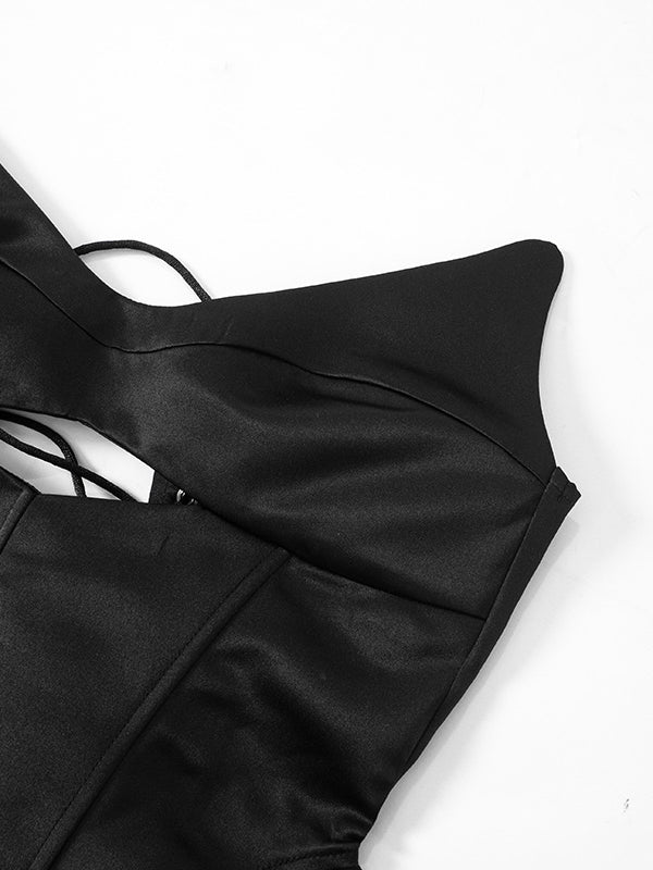 Black satin backless boning corset top from the Backless Boning Corset collection