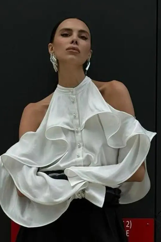 Elegant French design halter top with white ruffles and cold-shoulder details