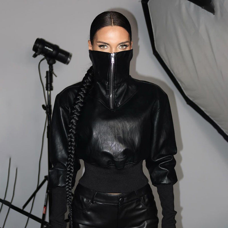 Faux Leather Zipper Sweatshirt