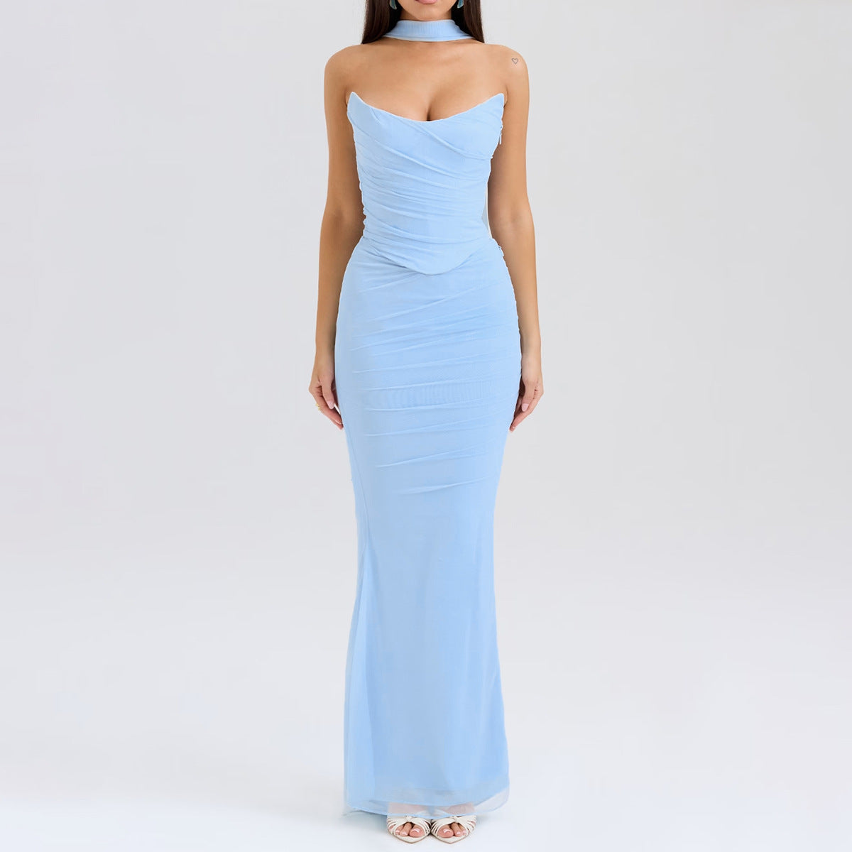 Light blue strapless maxi dress for langry fashion looks, perfect for elegant ملابس style