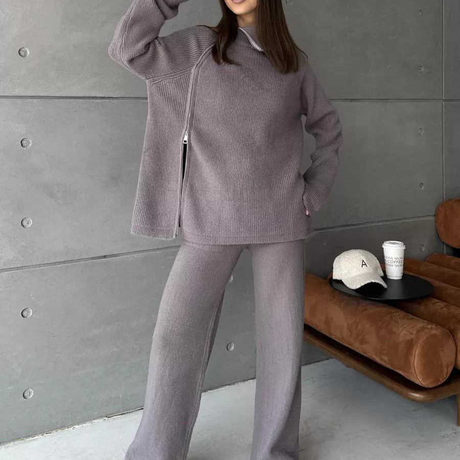 Woman wearing High Collar Zipper Knitted Sweater Suit in gray corduroy fashion ملابس