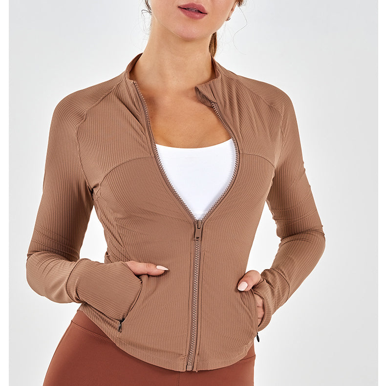 Stand Up Collar Slim Fit Yoga Clothes Women High Elastic Soft Thread Zipper Pocket Workout