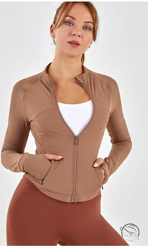 Taupe ribbed slim fit yoga collar long-sleeve zip-up jacket with pockets