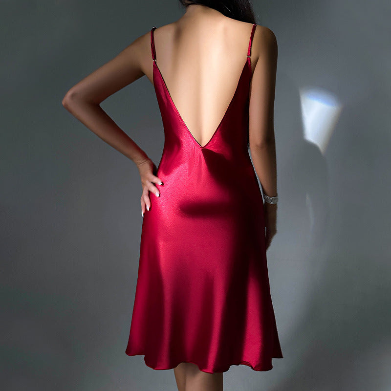 Vibrant red langry fashion silk nightdress with deep v-back