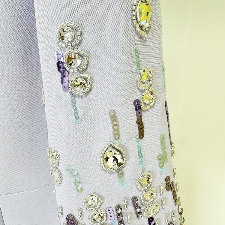 Embellished light blue garment sleeve of the Diamond Embedded Mid Length Dress in fashion style