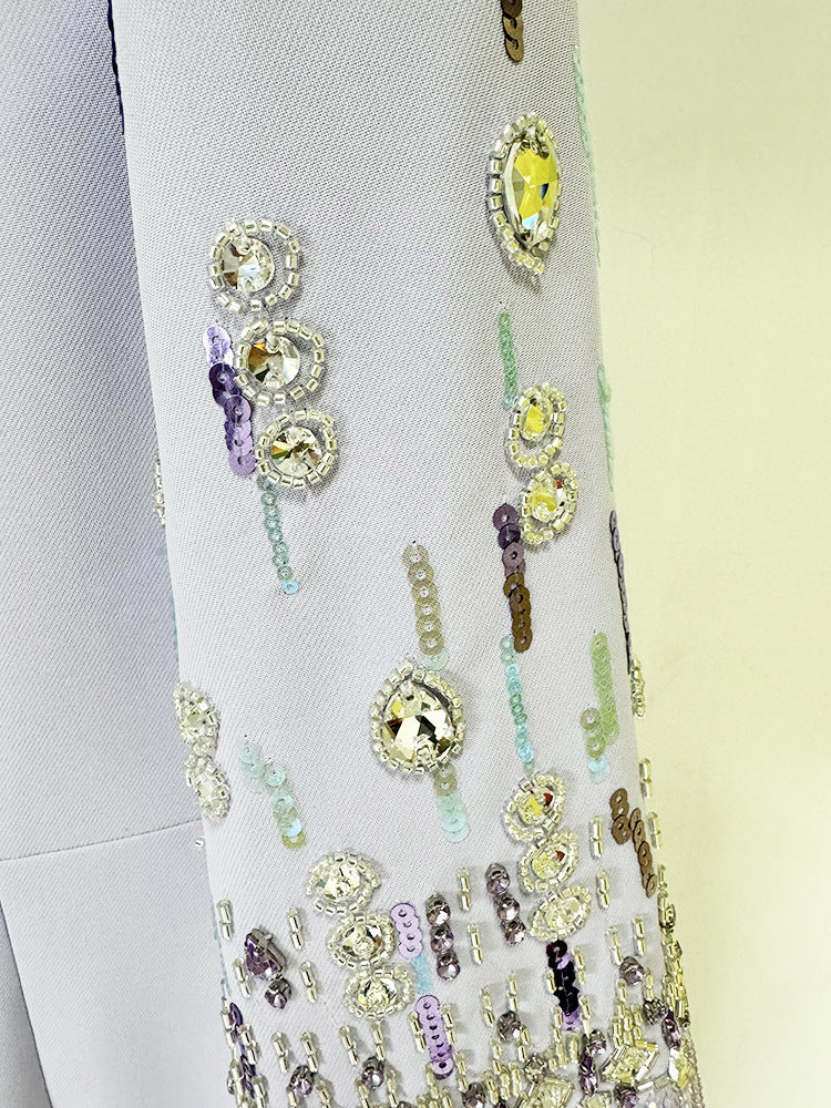 Embellished light blue garment sleeve of the Diamond Embedded Mid Length Dress in fashion style