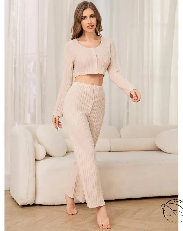 Woman in beige knit winter casual two piece pajamas