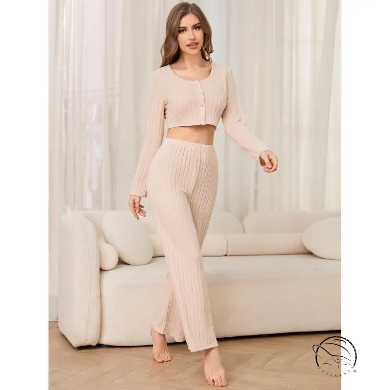 Woman in beige knit winter casual two piece pajamas