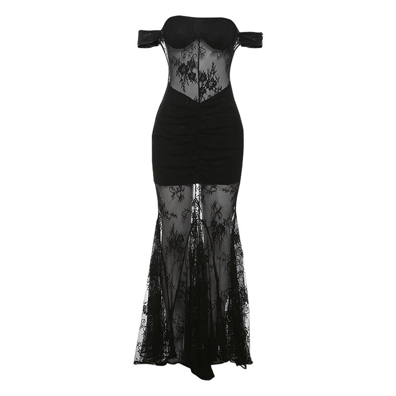 Elegant Lace Slim Maxi Dress in black, showcasing an off-the-shoulder design for fashion