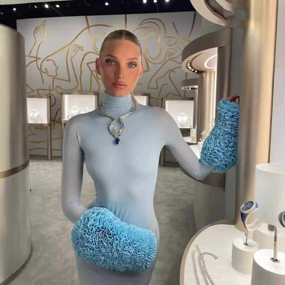 Woman wearing a blue dress with statement necklace in fashionable Gorgeous Light Blue Slim Fit Dress