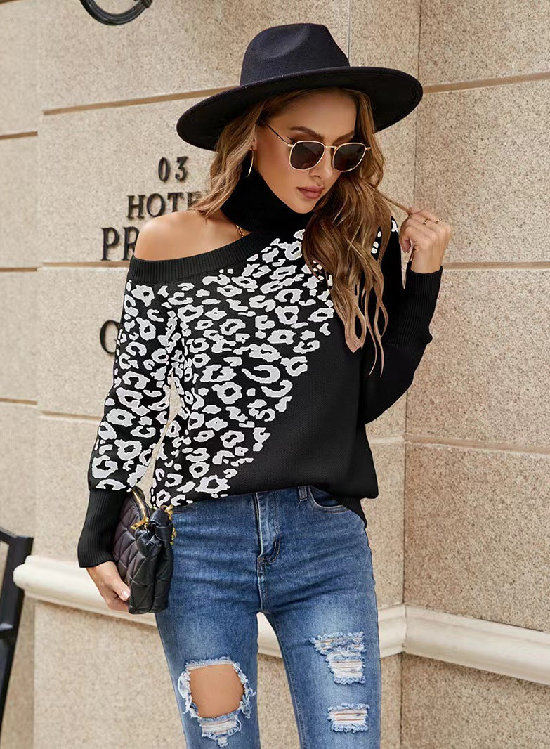 Leopard print off-the-shoulder langry fashion sweater with black sleeves